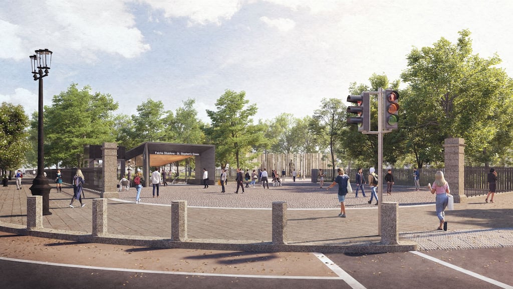 Proposed St Stephen’s Green Station of Metrolink. Located at the east corner of the green, at the junction of Merrion Row, the existing Wolfe Tone Sculpture and Famine memorial will be moved to provide a large public space.