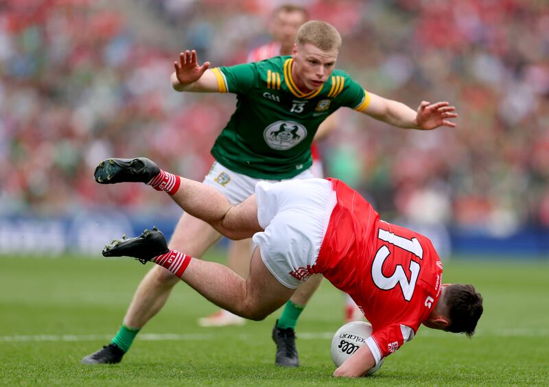 Meath’s Mathew Costello battles for possession with Kieran McArdle of Louth during the Leinster SFC final. Photograph: James Crombie/Inpho