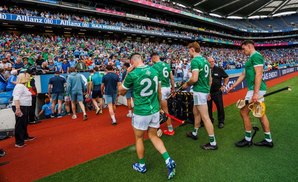 Limerick players leave the field after their quarter-final loss to Dublin at Croke Park on Saturday. Photograph: James Crombie/Inpho