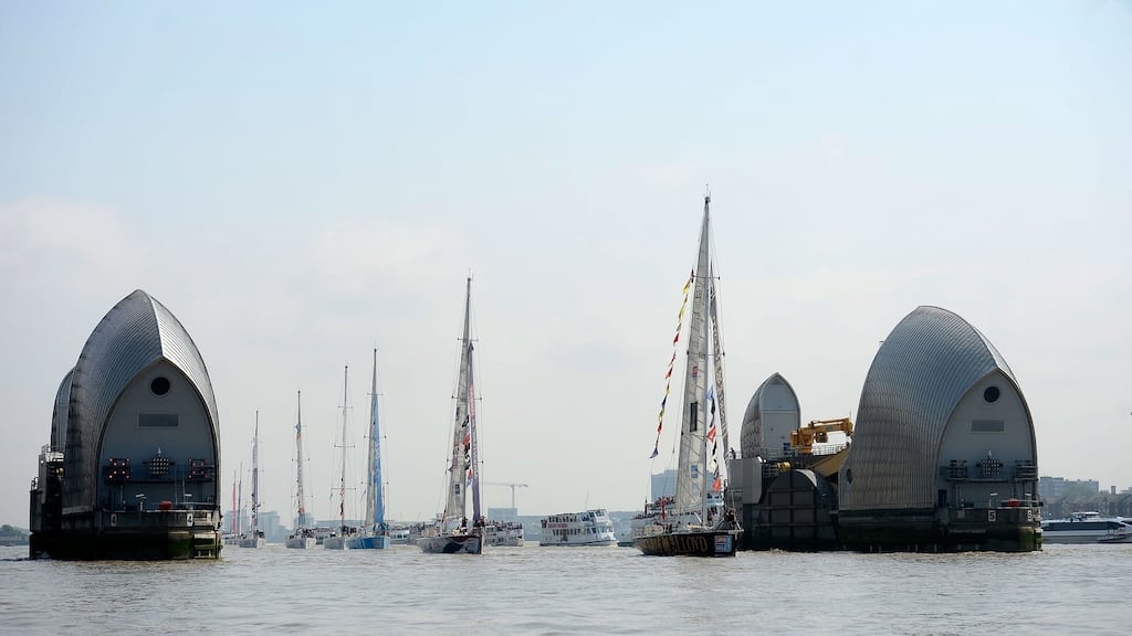 “Blinding, white reflections”: Clipper Round the World yachts pass the Thames Barrier on their way to moor at London’s St Katharine’s dock. Photograph: Matthew Lloyd/Getty Images