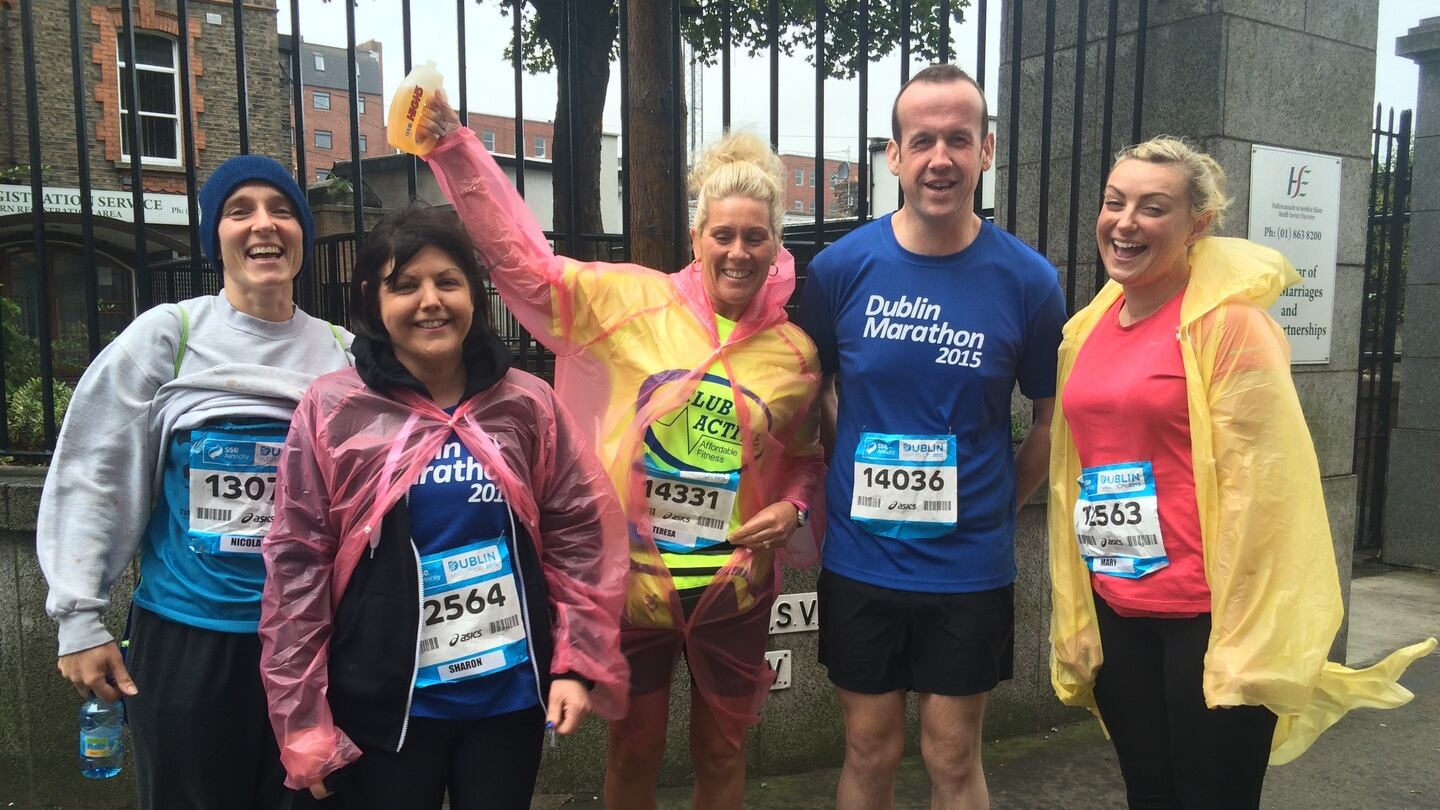 Marathon runners photographed before the race in Dublin this morning. Photograph: Cyril Byrne/The Irish Times