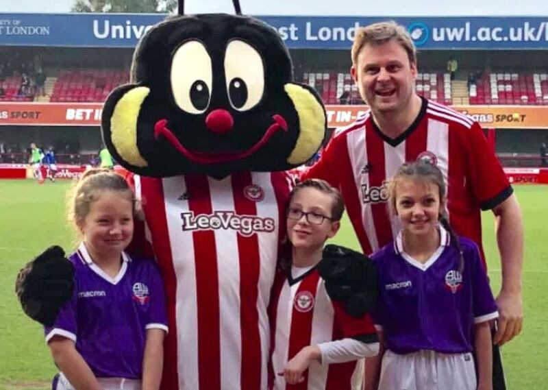 Nick Goff poses on his big day as the Brentford mascot.