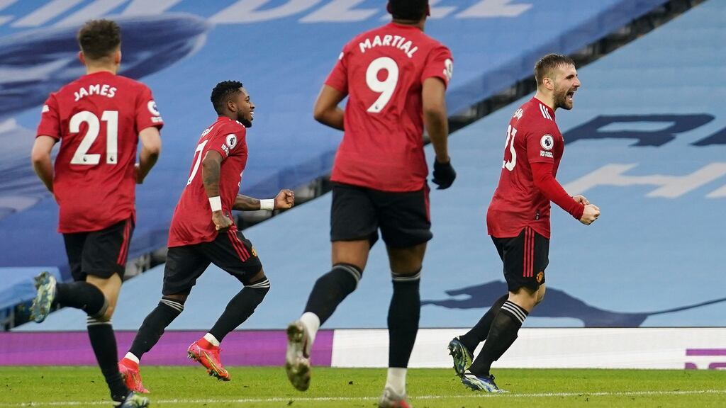 Luke Shaw celebrates after scoring Manchester United’s second against Manchester City. Photograph: Dave Thompson/Getty