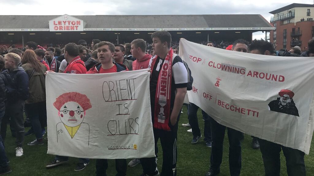 Fans on the pitch at Brisbane Road during the Sky Bet League Two match between Leyton Orient and Colchester. Photograph: Stephen Jones/PA Wire