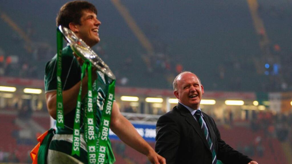 Ireland coach Declan Kidney celebrates the Grand Slam success with Donncha O’Callaghan in Cardiff in 2009. Photograph: Stu Forster/Getty Images