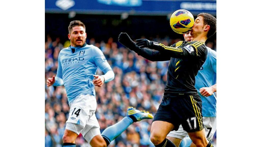 Chelsea's Eden Hazard controls the ball during their match against champions Manchester City at the Etihad Stadium yesterday. Photograph: Darren Staples/Reuters