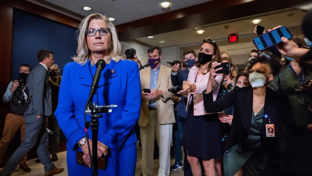 Liz Cheney speaks after being voted out of her House Republican Conference chair position in the US Capitol in Washington on Wednesday. Photograph: Jim Lo Scalzo/EPA