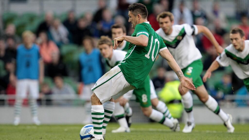 Robbie Keane scores his second goal from the penalty spot in the friendly international against Northern Ireland in May 2011. The teams will meet again at the Aviva Stadium in November. Photograph: Cathal Noonan/Inpho