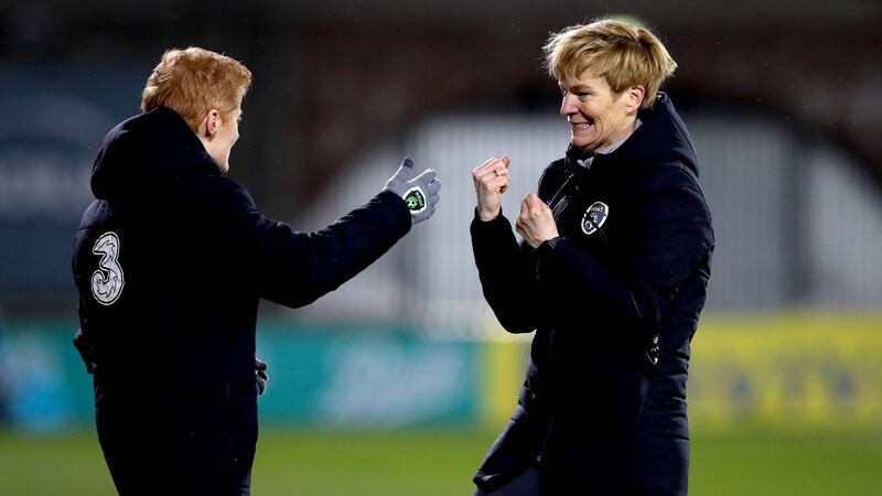Ireland manager Vera Pauw celebrates at the final whistle with assistant manager Eileen Gleeson. Photograph: Ryan Byrne/Inpho