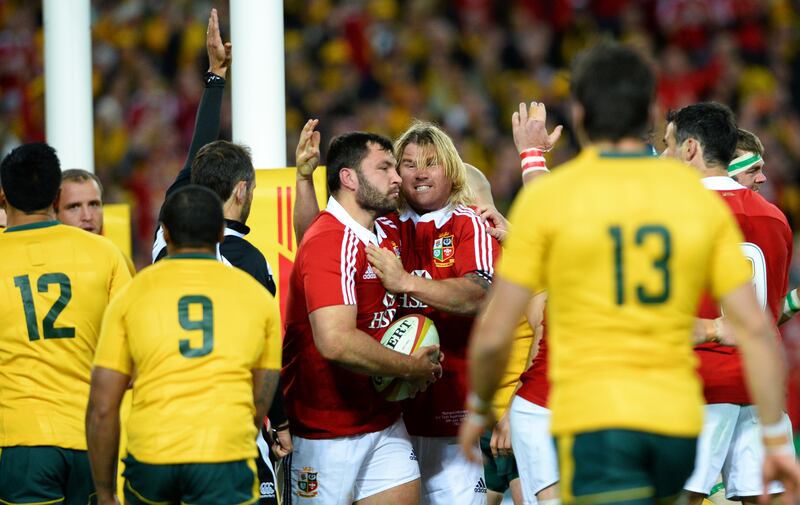 British and Irish Lions prop Alex Corbisiero (centre L) is congratulated by teammate Richard Hibbard (centre R) after scoring a try against Australia. Photograph: William West/AFP via Getty