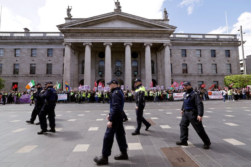 Gardaí on duty near the GPO near the counter-demonstration which gathered to oppose racism. Photograph: Conor O Mearain/PA Wire