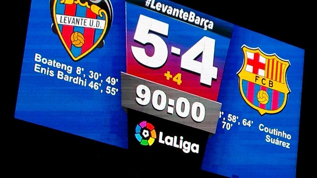 The scoreboard at Ciudad de Valencia stadium in Valencia.