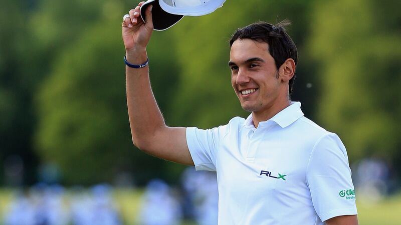 Italy’s Matteo Manassero celebrates victory on the 18th green after the fourth playoff hole during the final round of the BMW PGA Championship at Wentworth in May 2013. Photograph: Richard Heathcote/Getty Images