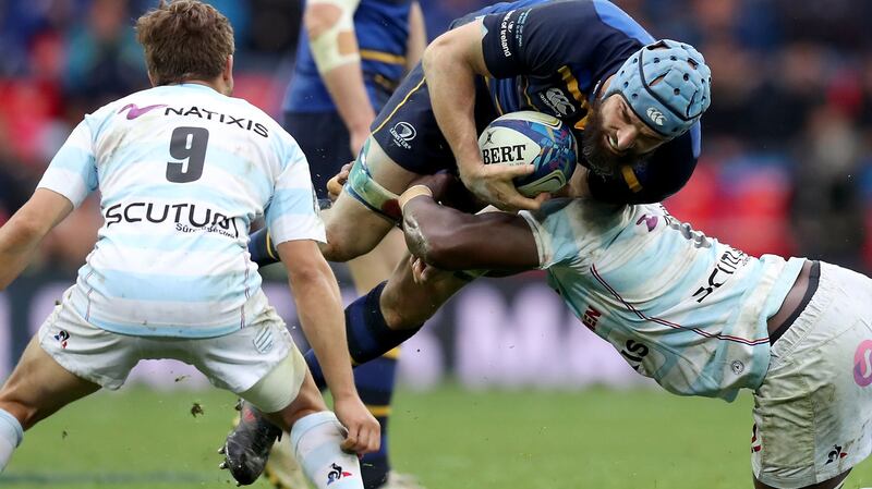 Scott Fardy is tackled by Yannick Nyanga of Racing 92 during the Champions Cup Final at San Mames Stadium in Bilbao, Spain. Photograph: Billy Stickland/Inpho
