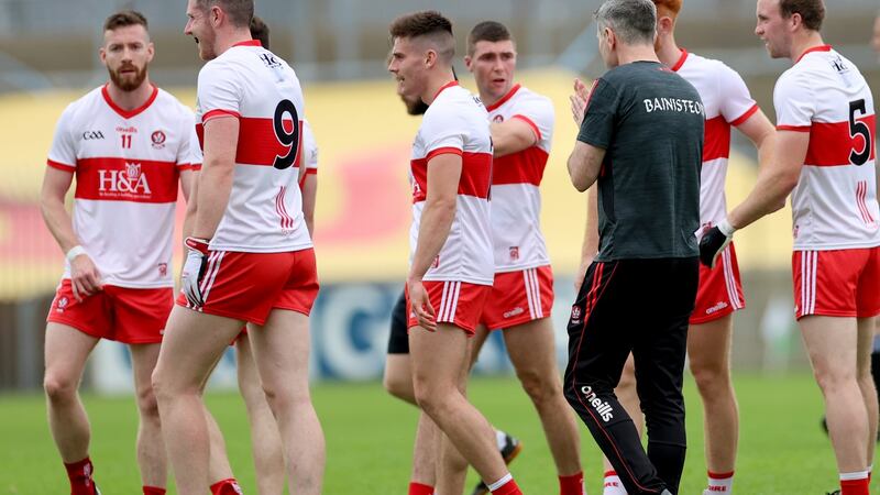 Rory Gallagher and his Derry players: They’re gone for the year and they’re not receiving any monetary benefit, unlike England’s penalty-takers, for the performance they produced. Photograph: James Crombie/Inpho