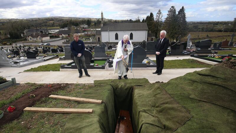 The burial of coronavirus victim Anne Best (72) at St Ninnidh’s cemetery in Derrylin, Co Fermanagh. Photograph: John McVitty