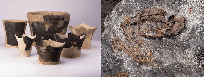 Jomon potteries excavated from the Odake shell midden area in Japan and a buried skeleton in this site which had a specific burial practice in which the body was placed in a flexed position with bent legs. Photograph: Shigeki Nakagome