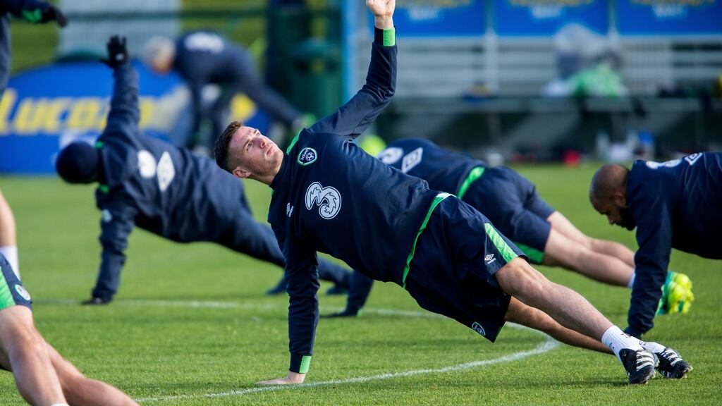 Ciaran Clark during training at Abbotstown: Ireland play Austria in a World Cup qualifier on Saturday, November 12 in Vienna. Photograph: Gary Carr/Inpho