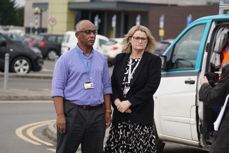 Hospital clinical lead Prof Obada Yousif and general manager Linda O'Leary outside Wexford General Hospital on Wednesday. Photograph: Brian Lawless/PA