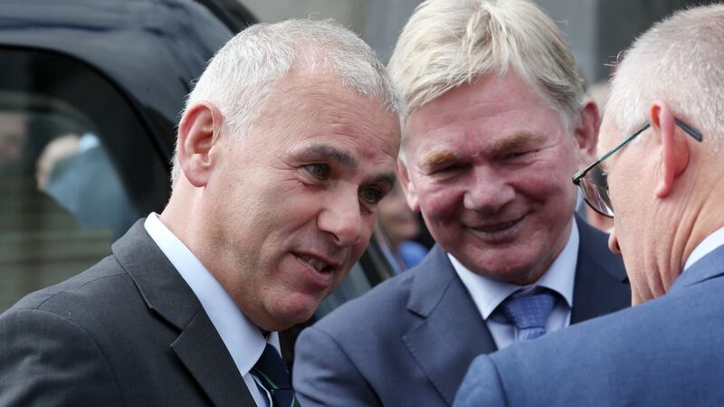 Former Ireland and Lions players Tony Ward (left) and Ciaran Fitzgerald attend the funeral of former Irish rugby International Willie Duggan at St Mary’s Cathedral in Kilkenny on Thursday. Photograph: Laura Hutton/The Irish Times