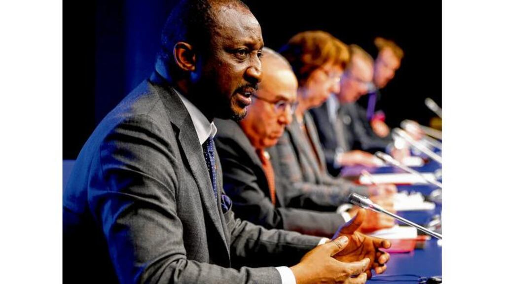 Malian foreign minister Tieman Hubert Coulibaly speaking in Brussels yesterday after an EU ministerial meeting on the conflict in Mali. Photograph: François Lenoir/Reuters
