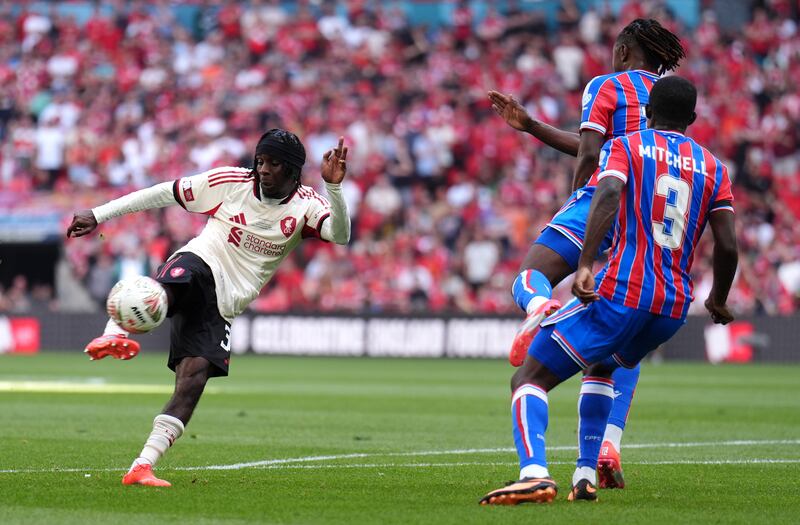 Liverpool's Jeremie Frimpong attempts a shot towards goal at Wembley Stadium on Sunday. Photograph: John Walton/PA Wire