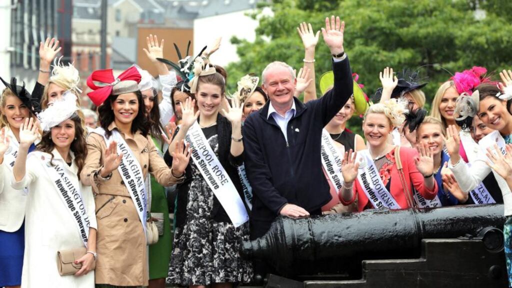 Northern Ireland Deputy First Minister Martin McGuinness welcomes Rose of Tralee contestants to Derry, where  the all-Ireland Fleadh is being held. Photograph: Paul Faith/PA Wire