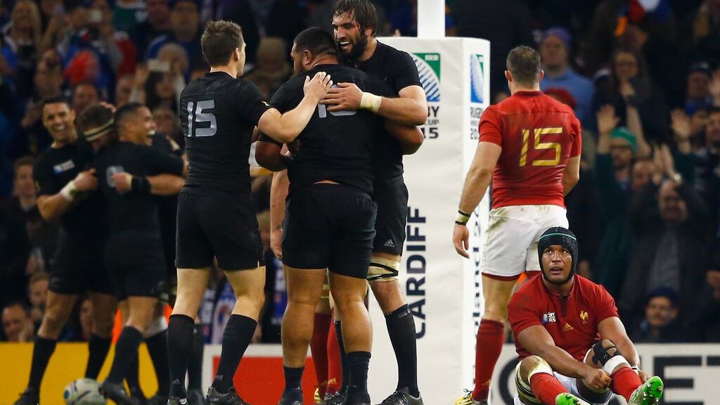 New Zealand players celebrate after going over for another try in their rout of France at the Millennium Stadium in Cardiff. Photo: Stu Forster/Getty Images