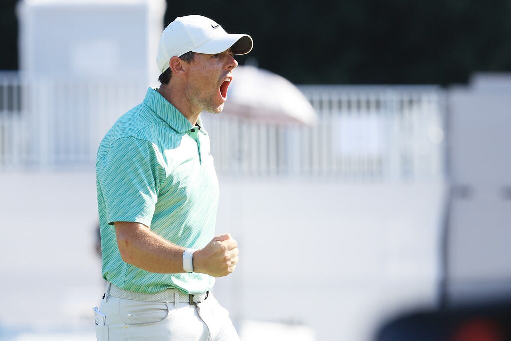 Rory McIlroy reacts to his birdie on the 15th green during the final round of the Tour Championship at East Lake Golf Club in Atlanta, Georgia. Photograph: Sam Greenwood/Getty Images
