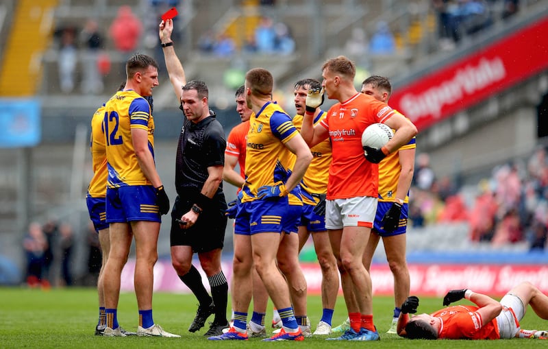 Roscommon’s Ruaidhrí Fallon is sent off by referee Martin McNally at Croke Park. Photograph: Ryan Byrne/Inpho