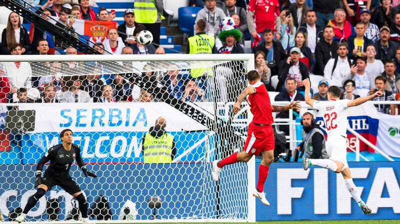 Serbia’s Aleksandar Mitrovic opens the scoring against Switzerland in Kaliningrad. Photograph: Laurent Gillieron/EPA