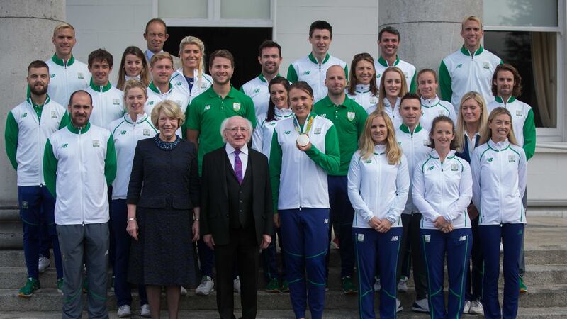 Members of Team Ireland who competed at the 2016 Rio Olympics with President Michael D Higgins and his wife Sabina Higgins during a special reception for athletes at Áras an Uachtaráin, Dublin. Photograph: Gareth Chaney/Collins