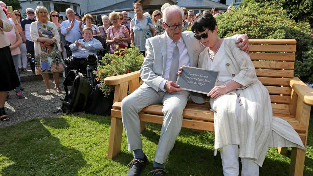 Patric and Geraldine Kriegel at the planting of a tree and the unveiling of a bench and plaque in memory of their daughter, Ana, in the grounds of the Leixlip Manor Hotel. Photograph: Crispin Rodwell