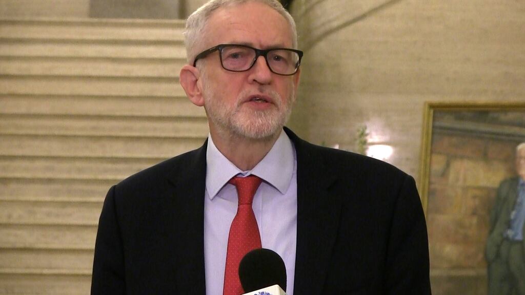 Labour leader Jeremy Corbyn speaks to the media during a visit to Parliament Buildings, Stormont, Belfast, Northern Ireland. Photograph: David Young/PA Wire