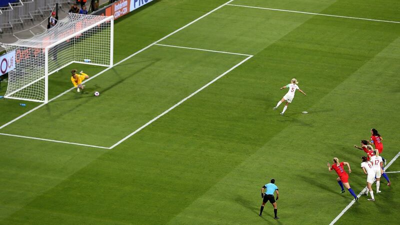England’s Steph Houghton sees her penalty saved by USA goalkeeper Alyssa Naeher. Photograph: Richard Sellers/PA