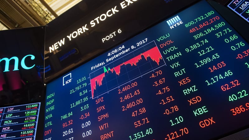 The day’s closing numbers are shown after the closing bell of the Dow Industrial Average at the New York Stock Exchange. Photograph: Bryan R Smith/AFP/Getty Images