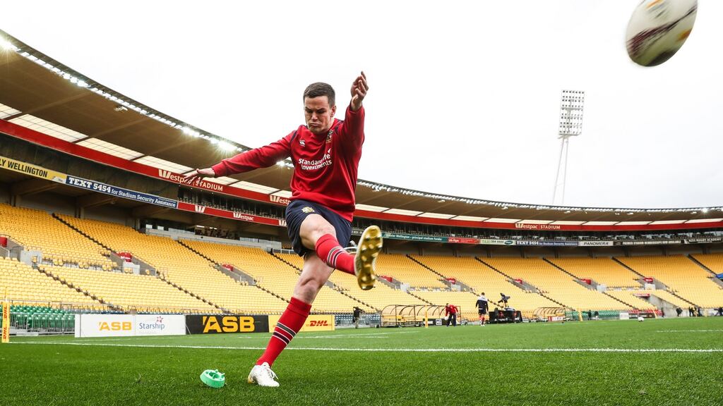 Jonathan Sexton gets in some kicking practice at the Westpac Stadium, Wellington. Photograph: Billy Stickland/Inpho