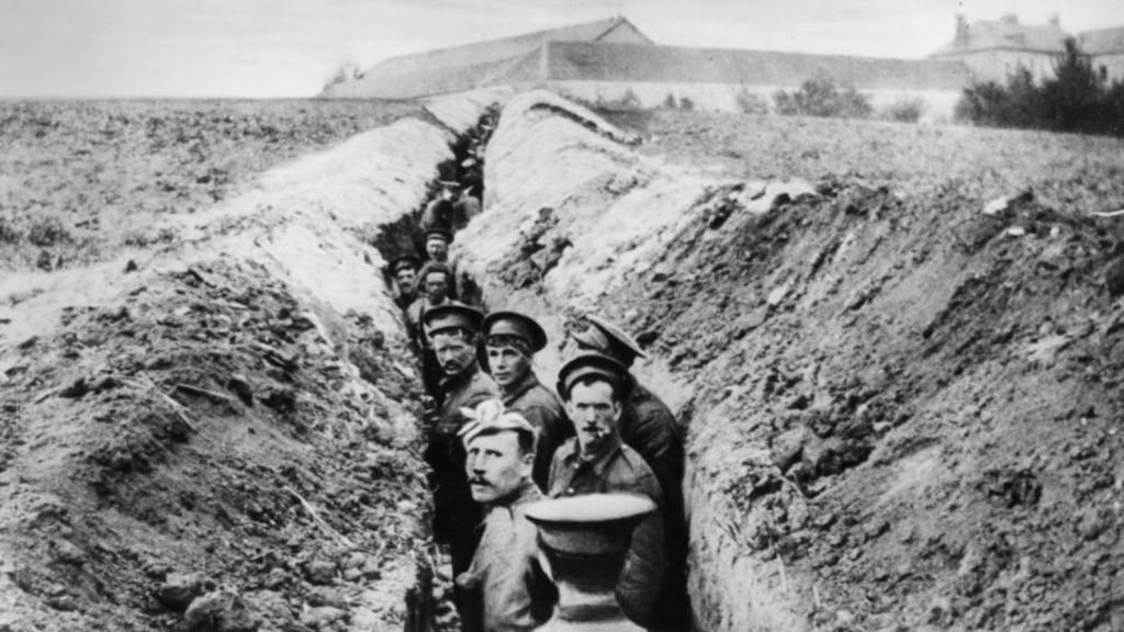 British soldiers lined up in a narrow trench during World War I (28th October 1914) . Photograph:Hulton Archive/Getty Images)