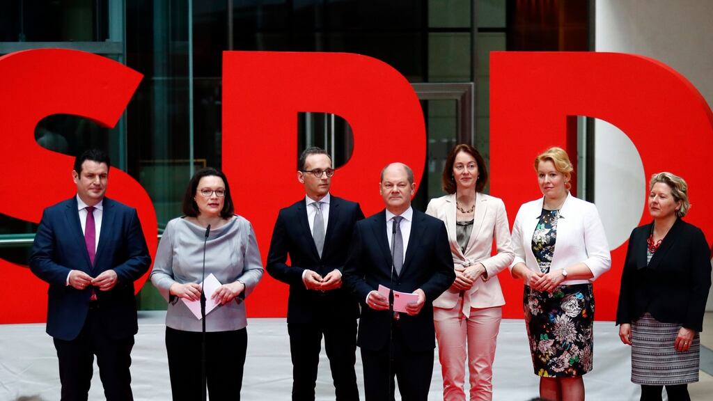 Andrea Nahles (SPD) presenting designated ministers Hubertus Heil, Fraziska Giffey, Heiko Mass, Katarina Barley, Svenja Schulze and Olaf Scholz at the party headquarters in Berlin, Germany. Photograph: Reuters