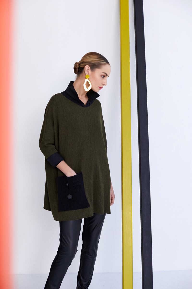 Leatherette leggings €78, tunic top with contrast knit pockets €134