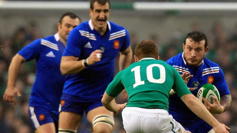 Ireland's Paddy Jackson tackles France’s Thomas Domingo during the Six Nations match at the Aviva. Photograph: Reuters/Cathal McNaughton