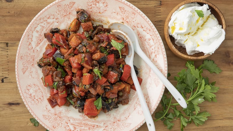 Goat’s cheese mousse with caponata bread salad. Photograph: Harry Weir
