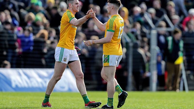 Meath’s Bryan Menton and Darragh Campion celebrate their win over Fermanagh in their Allianz Football League Division 2 game at Páirc Tailteann, Co Meath. Photograph: Laszlo Geczo/Inpho