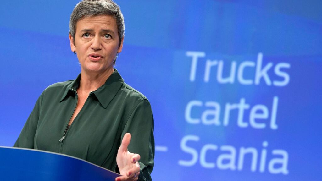 European Commissioner for Competition Margrethe Vestager speaks during a media conference regarding a truck cartel case at EU headquarters in Brussels