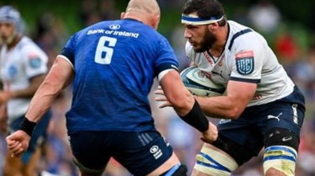 Blue Bulls’ Marcell Coetzee against Leinster at the Aviva Stadium in the United Rugby Championship. Photograph: Billy Stickland/Inpho