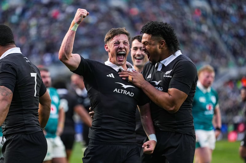 their fourth try with Leicester Fainga'anuku. Photograph: Robert Alam/Inpho/Photosport/