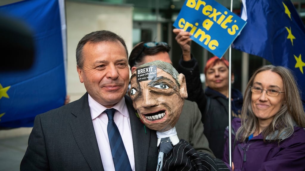 Leave campaigner Arron Banks (left), who is being investigated by the British National Crime Agency. The mysterious deeds and motives of men like Banks – the self-styled “bad boy of Brexit” – will be life-changing for many. Photograph: Victoria Jones/PA