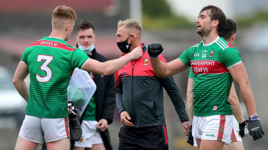 Mayo celebrate after their impresive win over Galway on Sunday. Photograph: Inpho