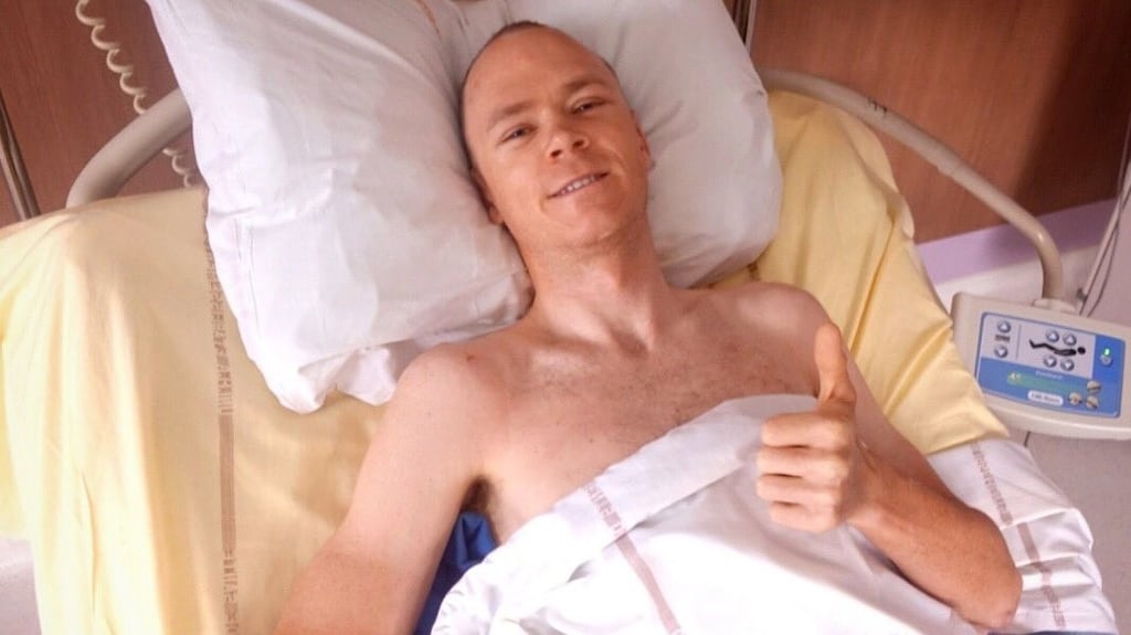 Screengrab taken from the Twitter feed of Chris Froome as he recovered from a crash at the University Hospital of St Etienne. Photograph: @chrisfroome/PA Wire