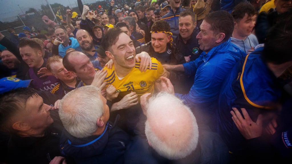 Roscommon’s Andrew Glennon celebrates with supporters  after the Connacht SFC semi-final victory over Mayo at   MacHale Park in Castlebar. Photograph:  Ryan Byrne/Inpho